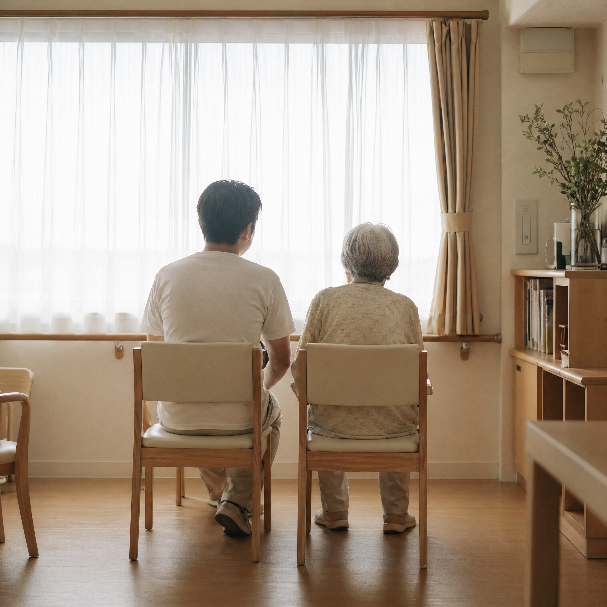 窓辺に並んで座る二人の後ろ姿