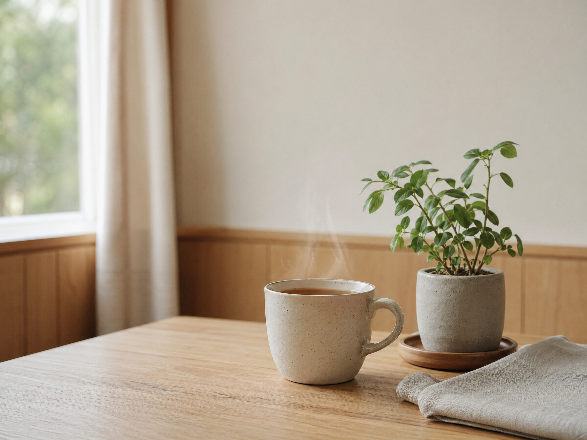 木目テーブルにマグカップと観葉植物が置かれた、やわらかな朝の光景
